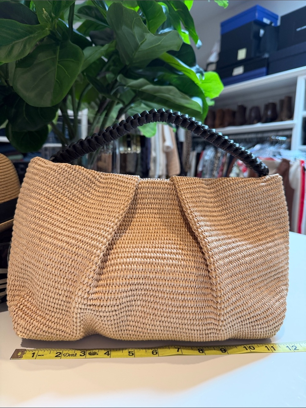 Callista pleated straw Clutch with leather top handle